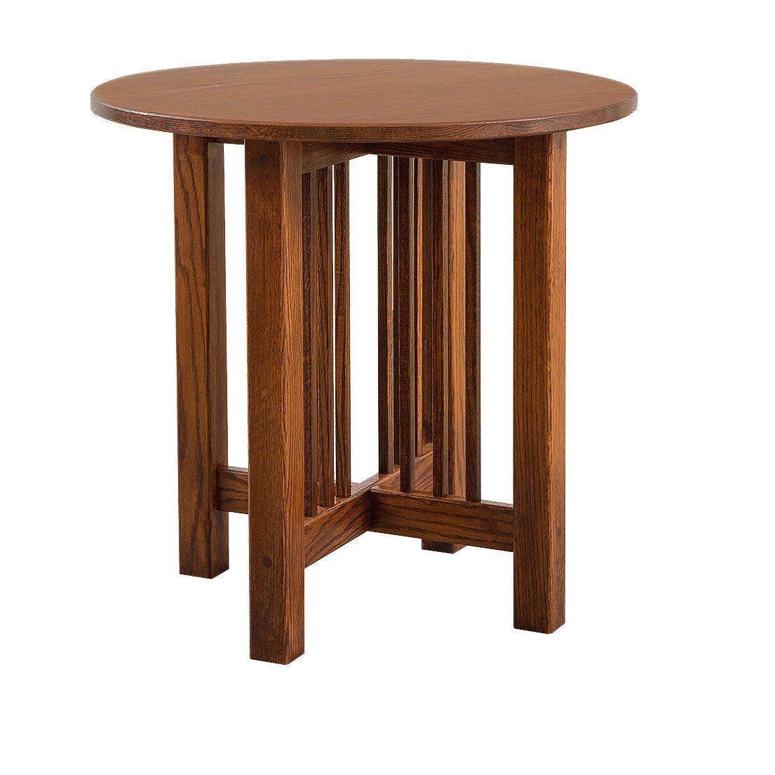 Angled view of a round oak Mission end table with vertical slat base panels and interlocking stretchers
