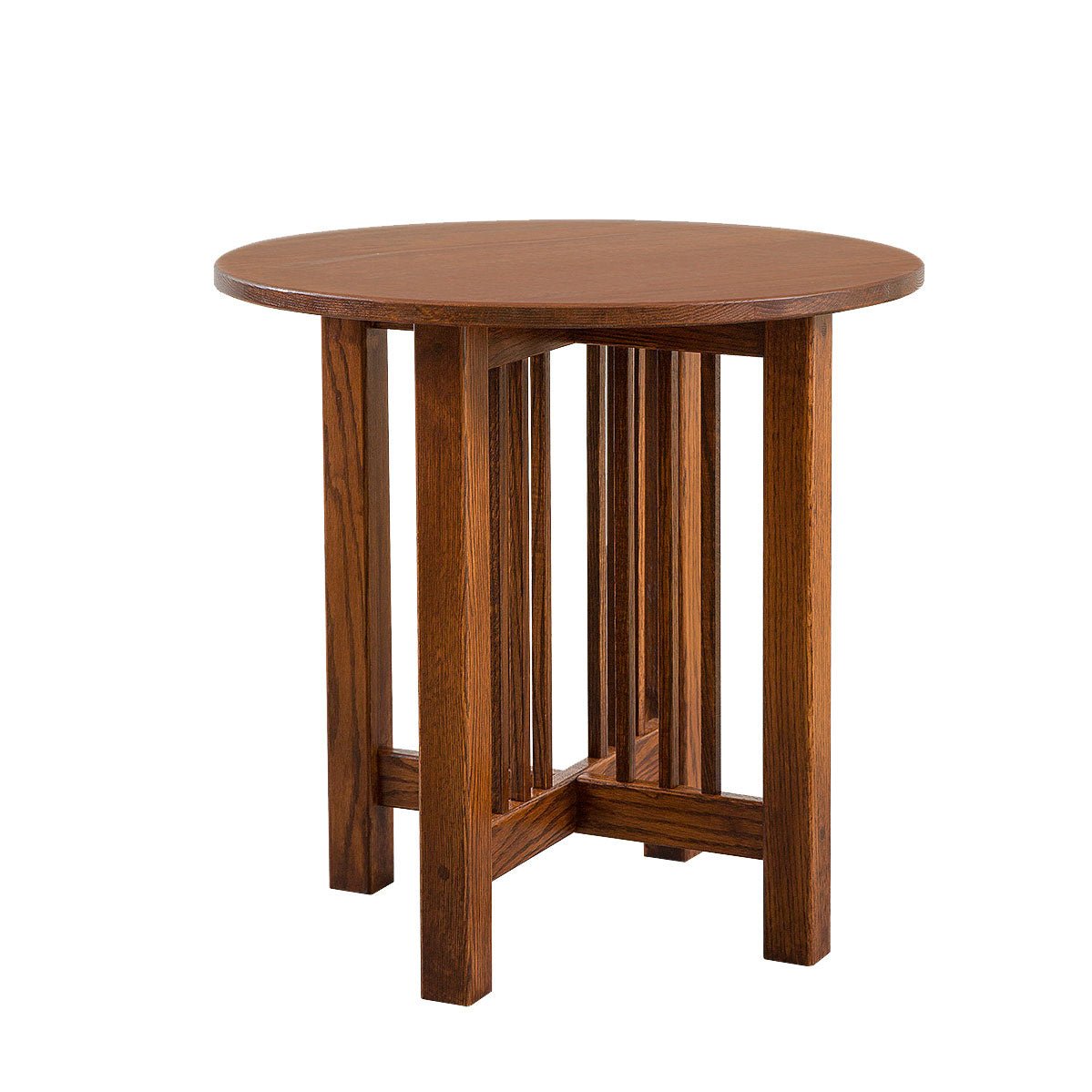Round top oak end table with Mission slat pedestal base and four square legs on a white background