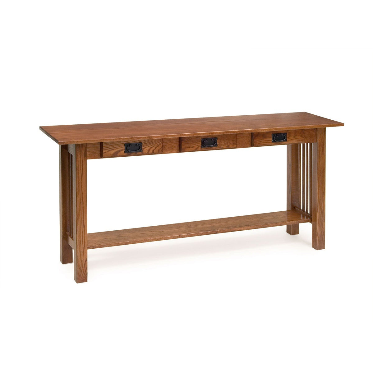 Long oak Mission console table with three drawers, black hardware, slatted side panels and a full width bottom shelf
