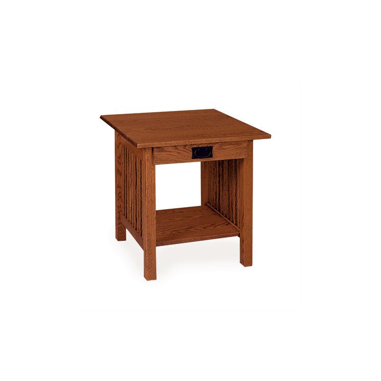 Oak Mission end table with one drawer, black bail pull, slatted sides and an open lower shelf