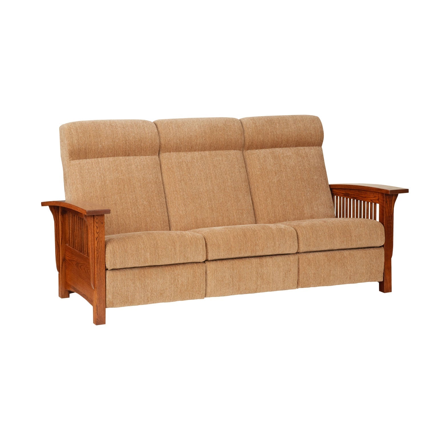 Three seat oak Mission reclining sofa in oatmeal tweed with slat side panels and a woven brown accent pillow