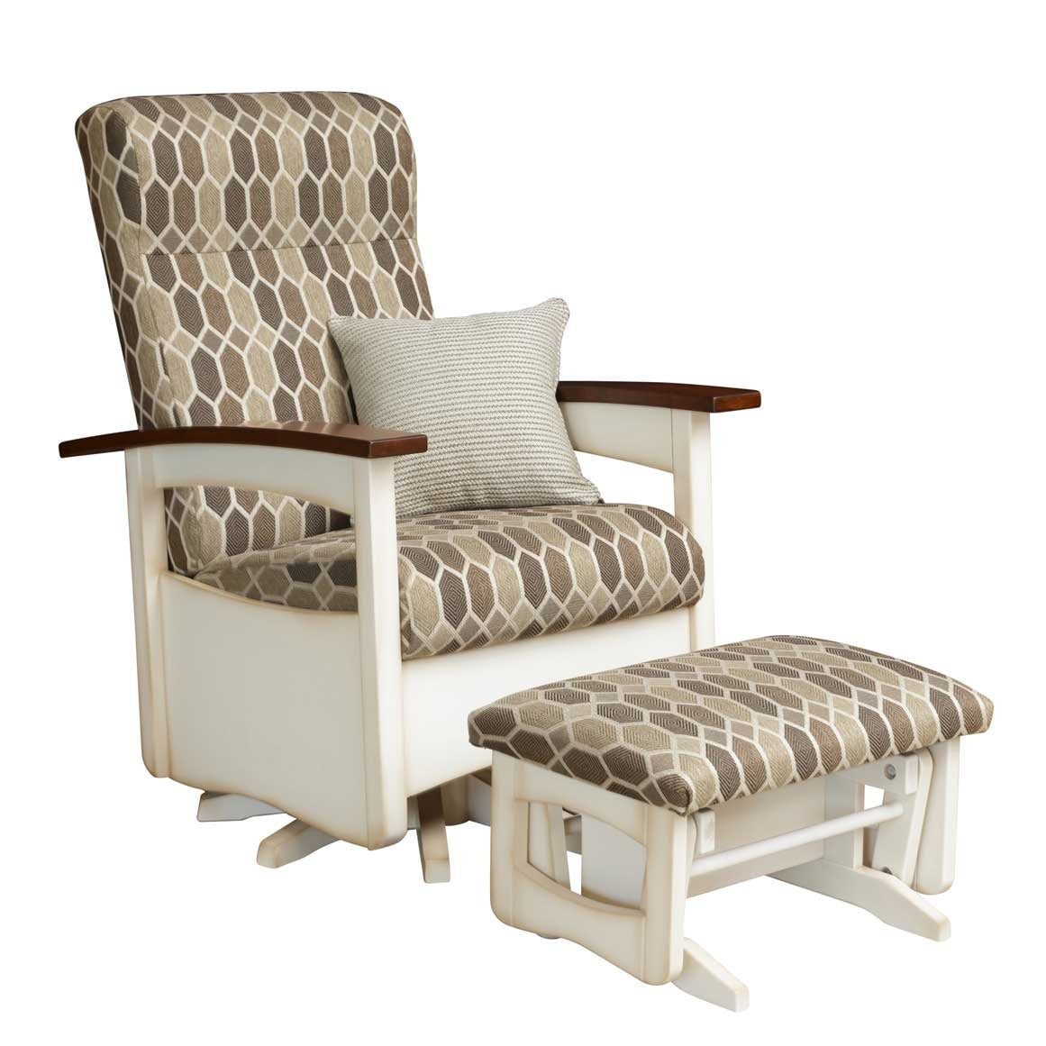 Ivory painted swivel glider with brown honeycomb print cushions, cherry arm caps and matching gliding ottoman