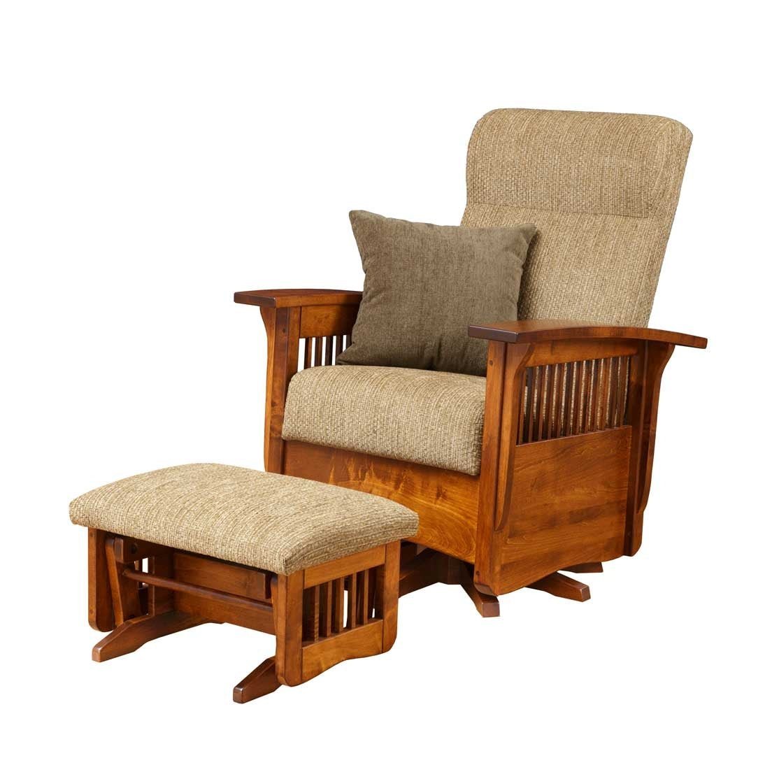 Mission swivel glider in a warm brown finish with oatmeal cushions, slat sides and matching gliding footstool