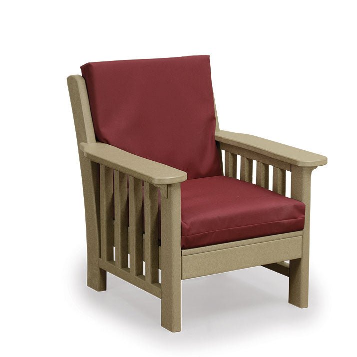 Weatherwood poly Mission arm chair with burgundy box cushions and slatted sides