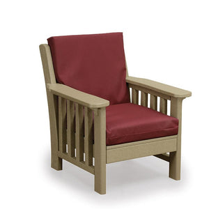 Weatherwood poly Mission arm chair with burgundy box cushions and slatted sides