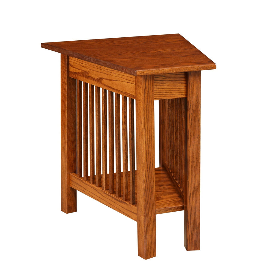 Oak Mission wedge end table with a triangular top, slatted sides and a lower corner shelf