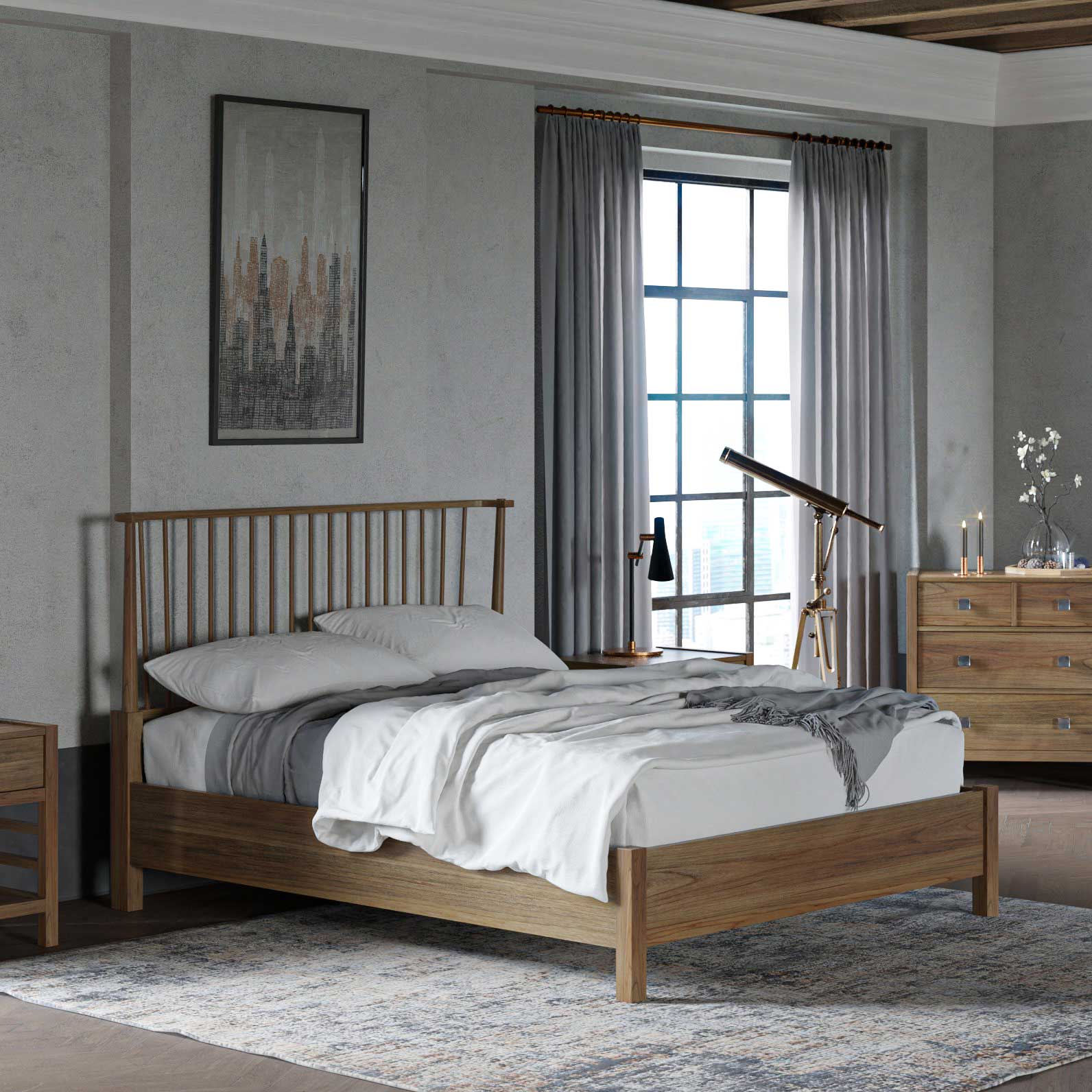 Modern spindle Windsor bed in medium brown wood styled with gray bedding, telescope and dresser in a loft bedroom