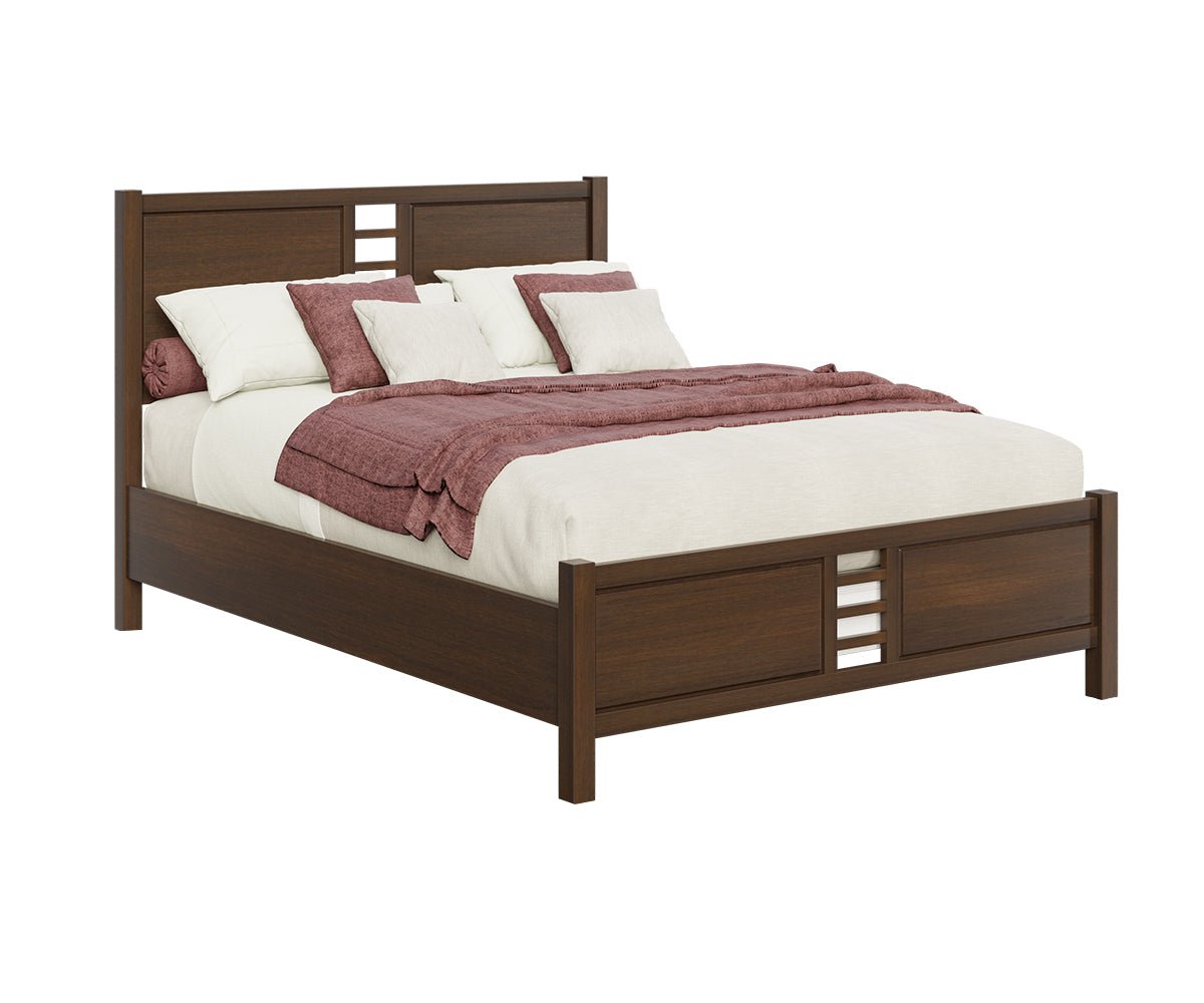 Bedroom with a walnut panel bed with slotted headboard detail, two nightstands and wall lamps on a black wall
