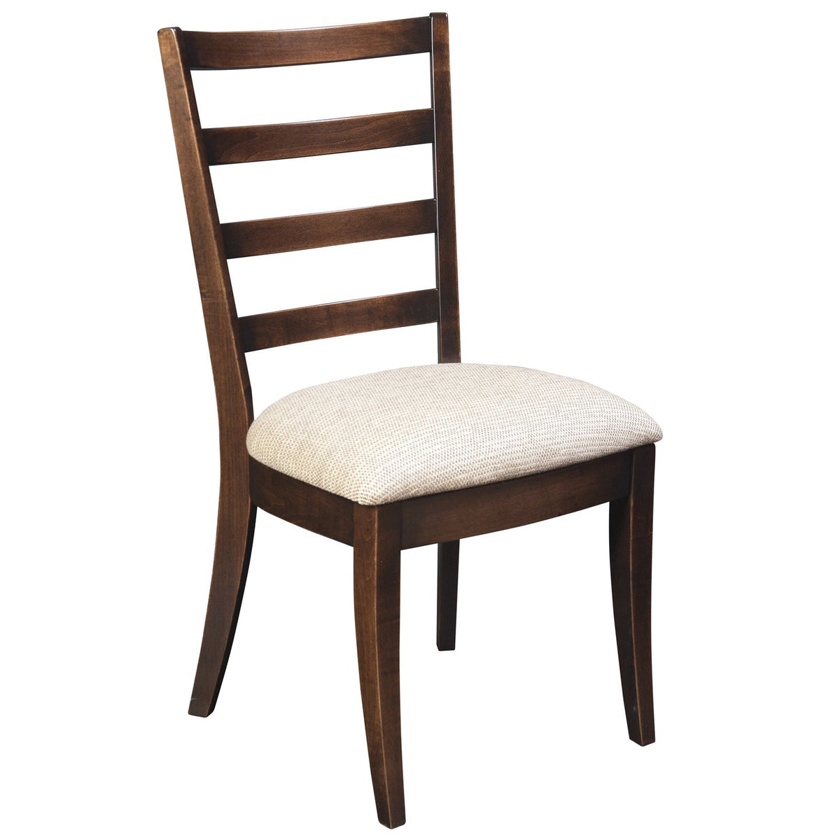 Ladder back dining side chair in a dark walnut finish with three wide slats and a tan fabric seat