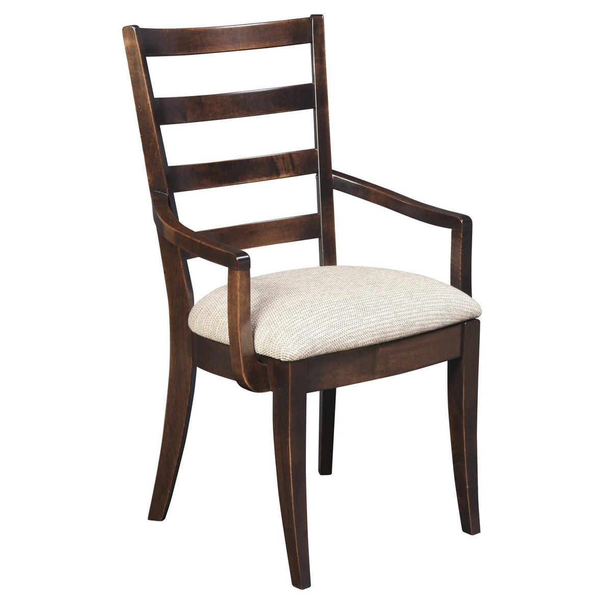 Modern ladder back dining arm chair in dark brown with sloped arms and a light woven fabric seat