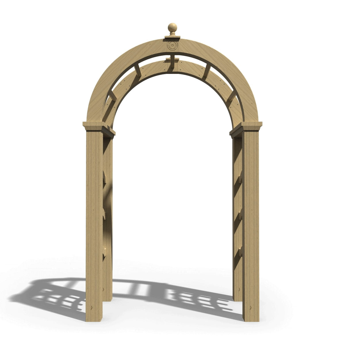 Front view of the arched wood garden arbor with a single ball finial and open arch over square posts