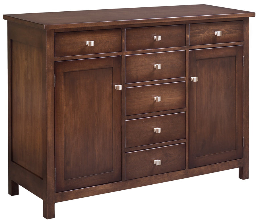 Dining buffet sideboard in dark cherry with two panel doors, six drawers and brushed nickel bar pulls