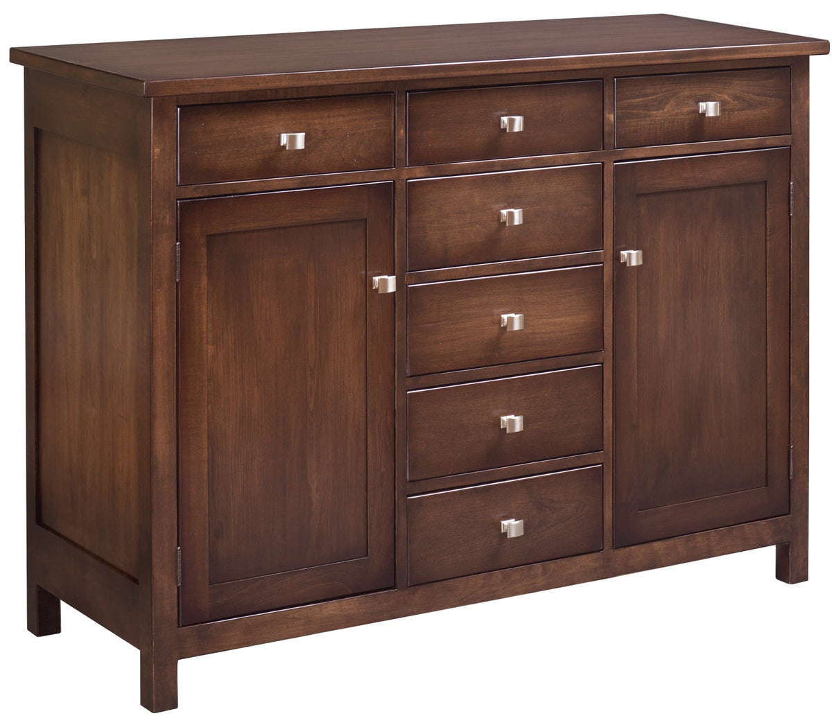 Dining buffet sideboard in dark cherry with two panel doors, six drawers and brushed nickel bar pulls