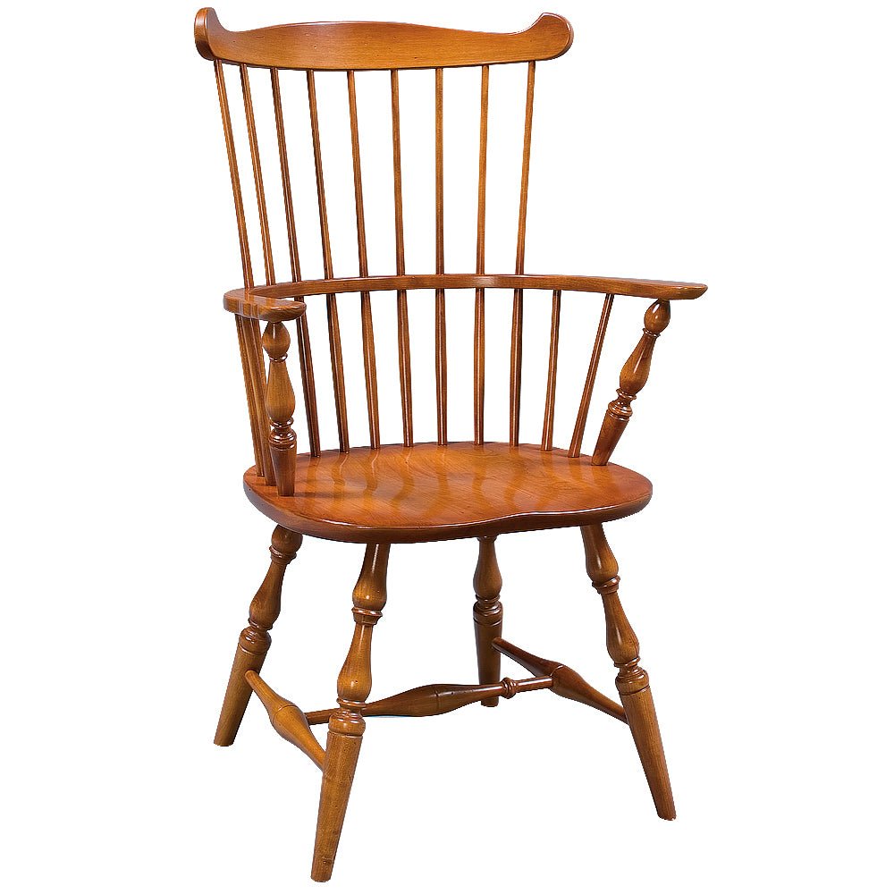 Windsor arm chair with a fanned comb back, turned arm posts, shaped saddle seat and stretcher braced legs