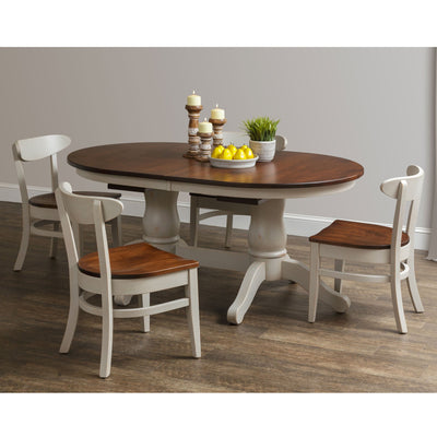 Oval double pedestal table with a rich brown top and antique white base flanked by three matching chairs