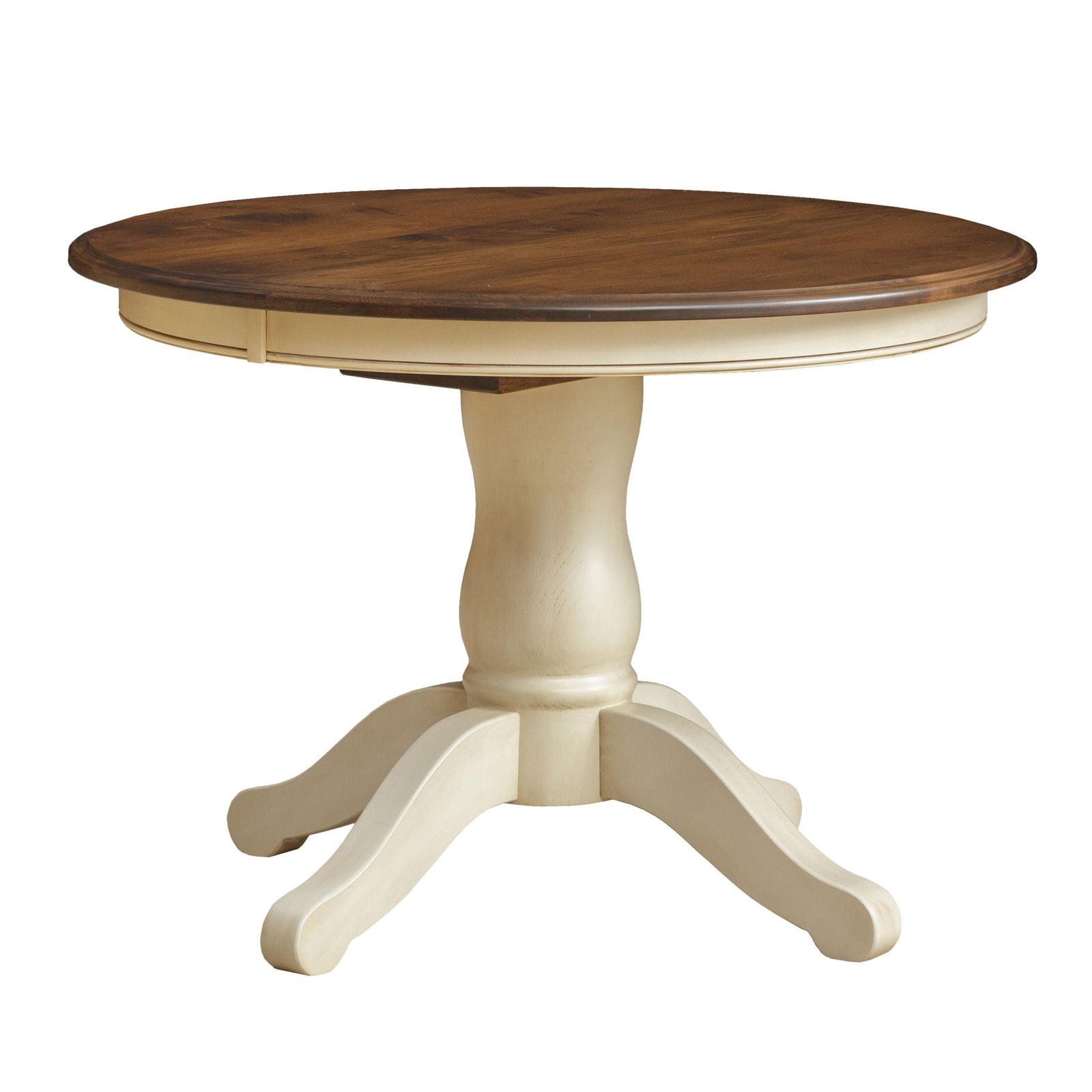 White pedestal dining table with a gray top, four white chairs with fabric seats and a white corner hutch