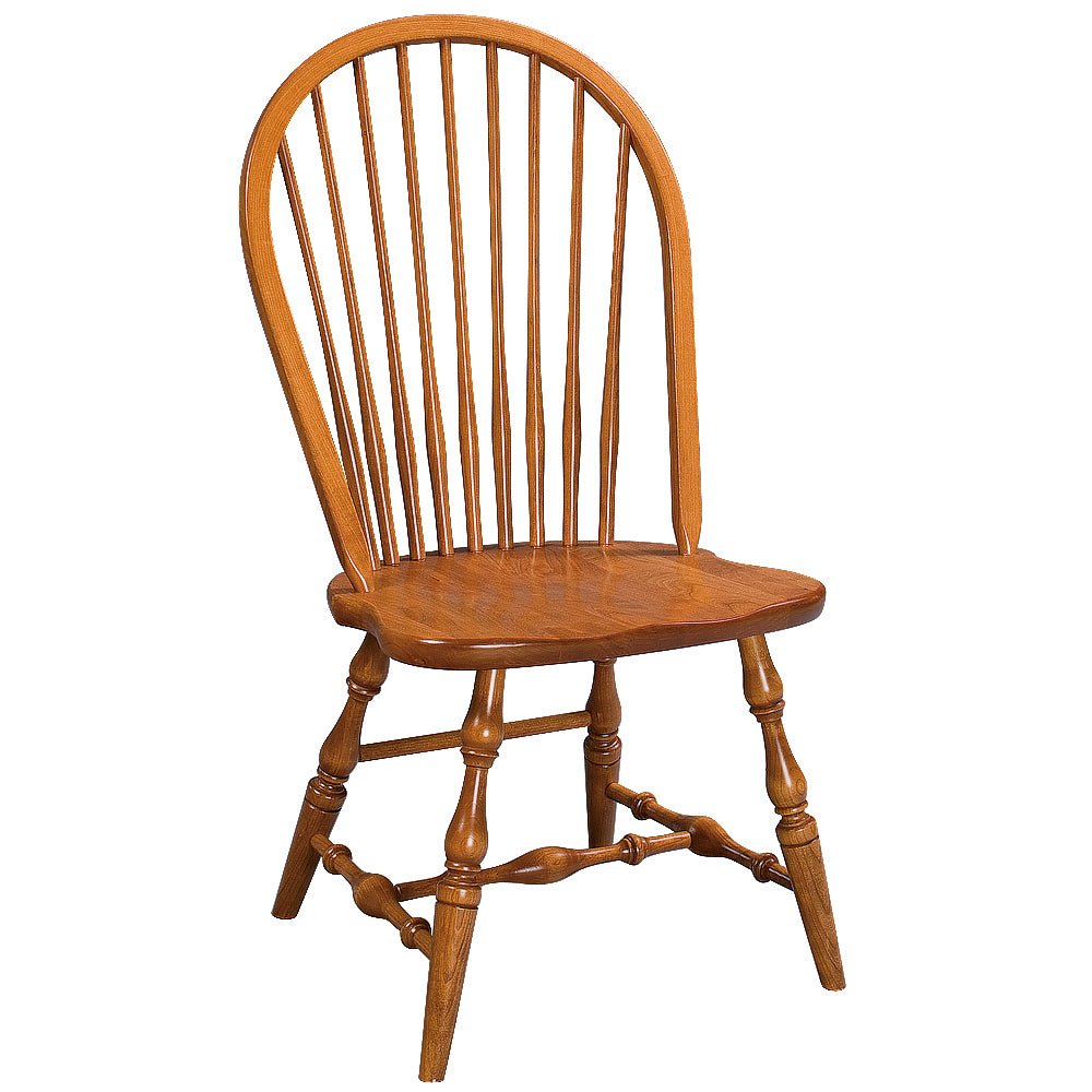 Oak bow back Windsor side chair with nine spindles, sculpted saddle seat and turned splayed legs