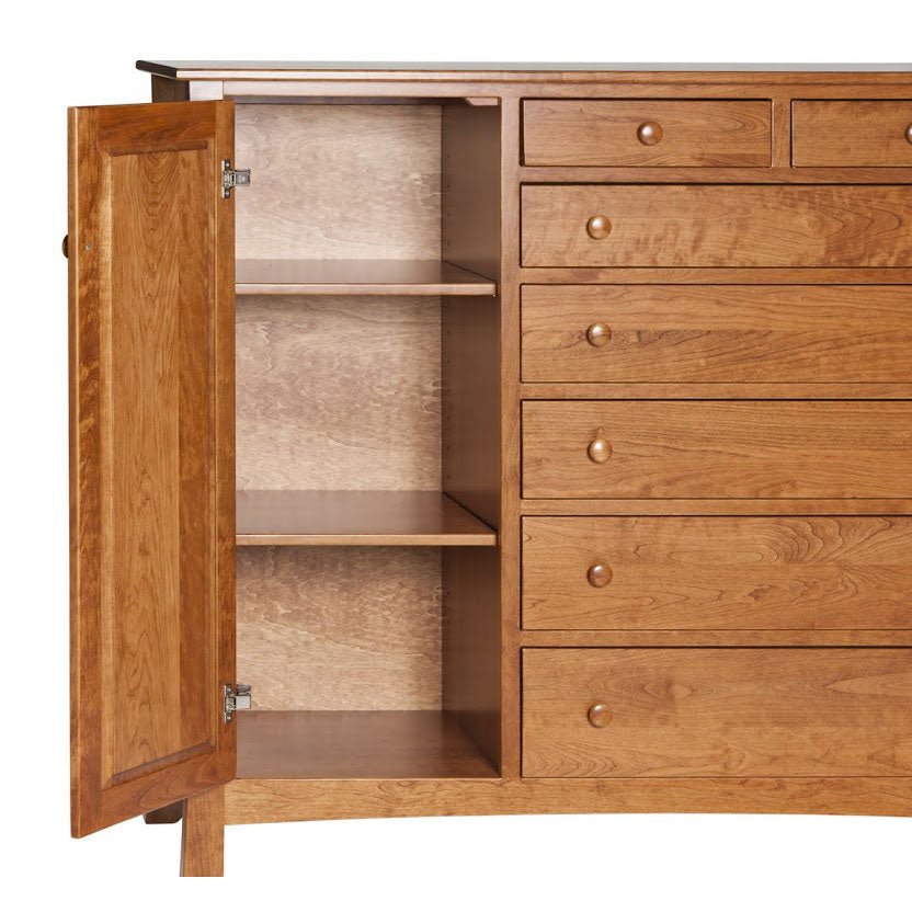 Cherry gentleman's chest with its door open, revealing two adjustable shelves next to the drawer stack