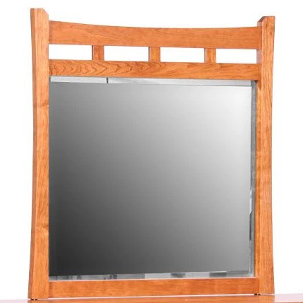 Landscape beveled dresser mirror in cherry with an arched crest and four square cutouts in the top gallery