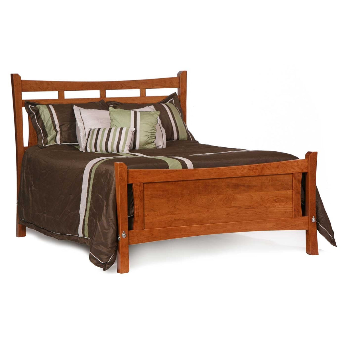 Transitional cherry panel bed with a gently arched slat headboard, dressed in brown and green striped bedding