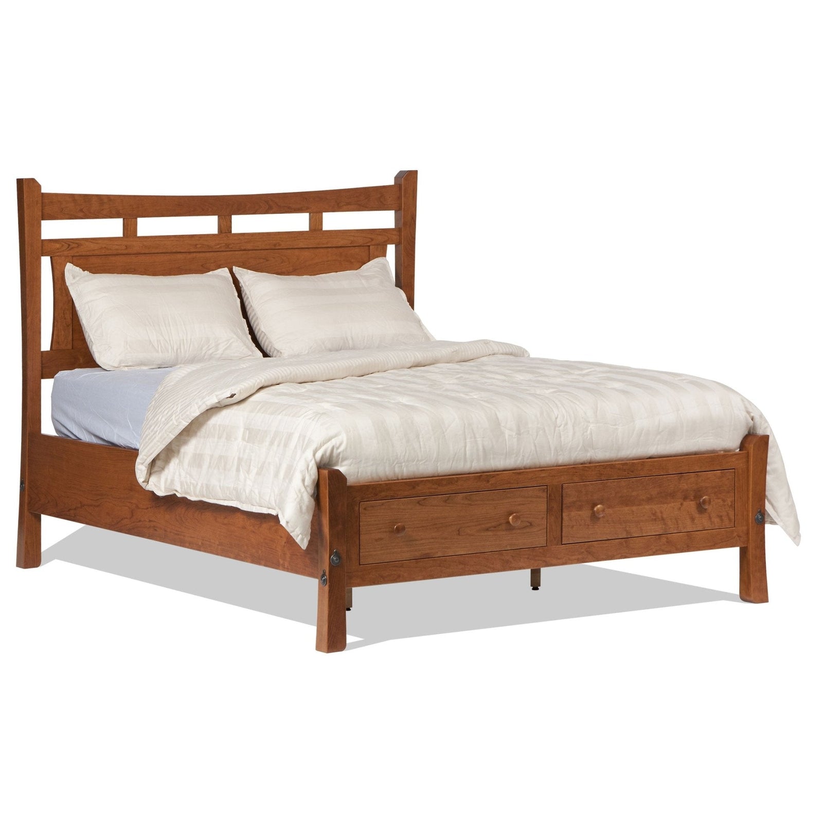Cherry panel bed with two knobbed footboard drawers and an arched slatted headboard on a white background