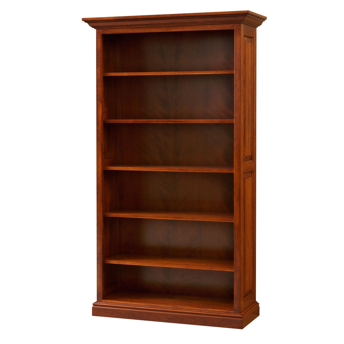 Six foot open bookcase in cherry with five adjustable shelves, crown molding and recessed side panels