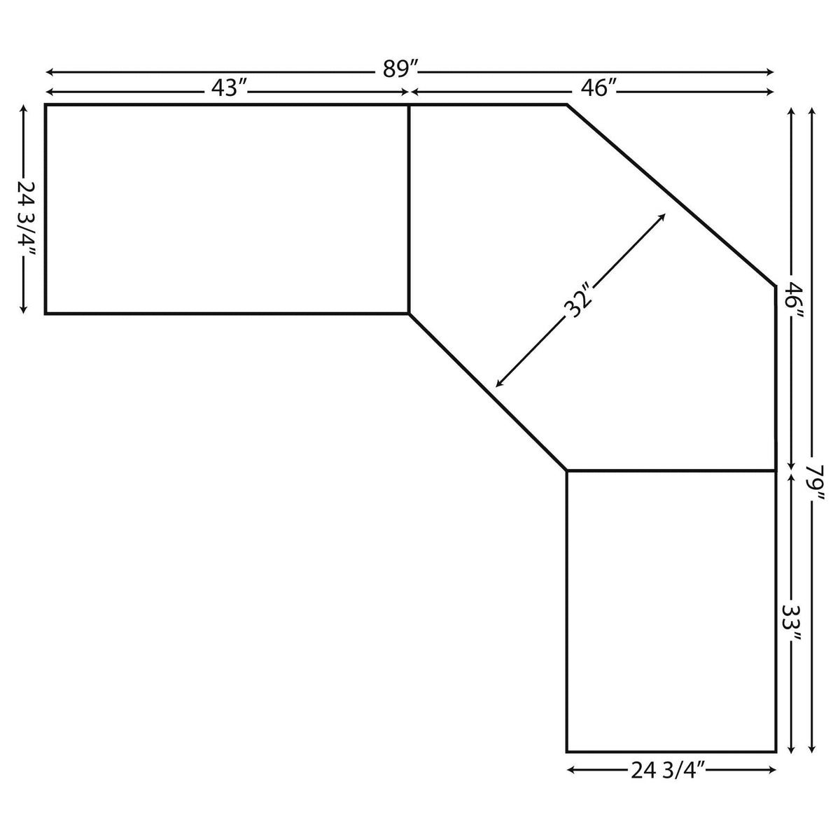 Overhead dimension diagram of the corner desk footprint: 89 by 79 inches with 24.75 inch deep wings