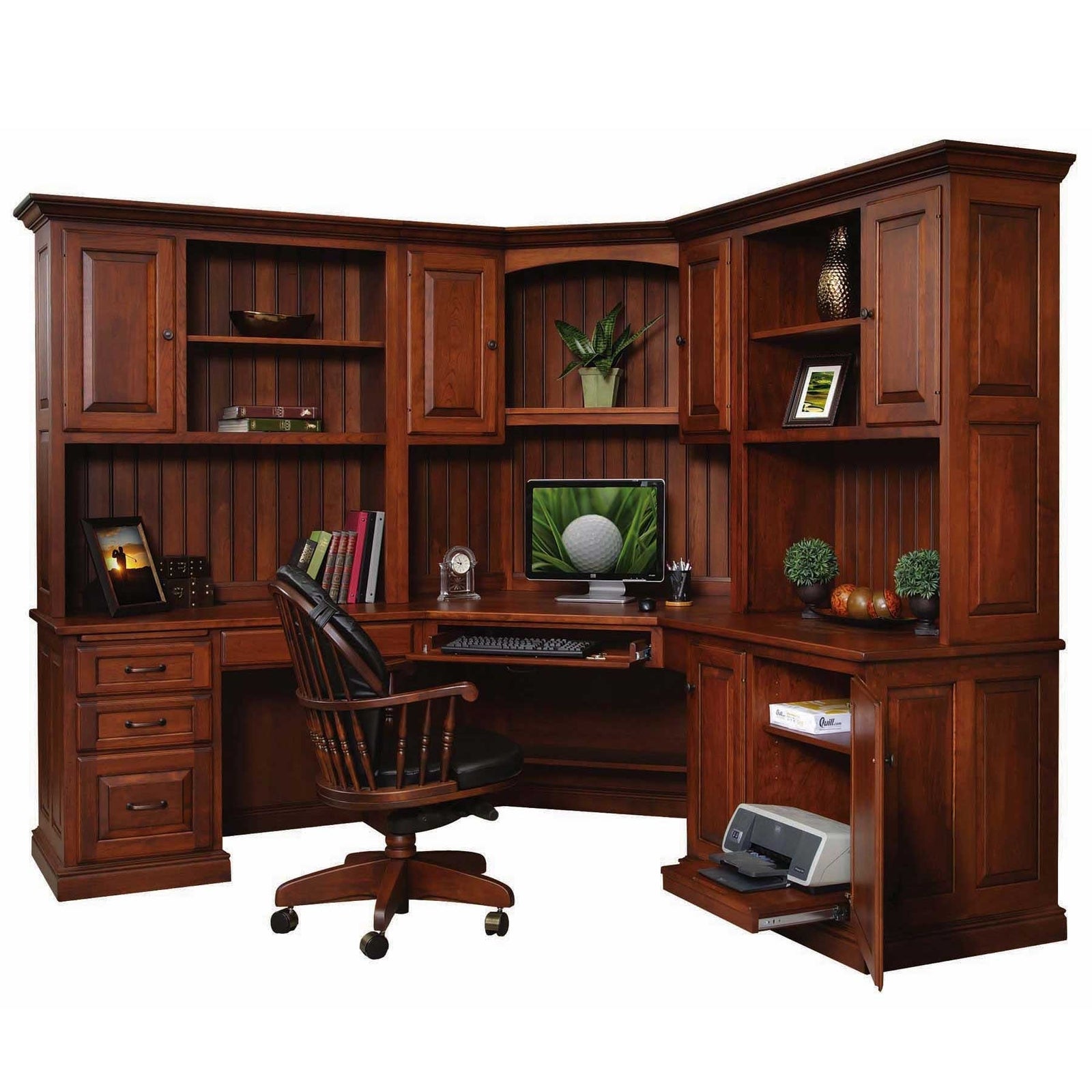 Corner office suite in cherry with a hutch wall, beadboard back, corner desk, keyboard tray and printer bay