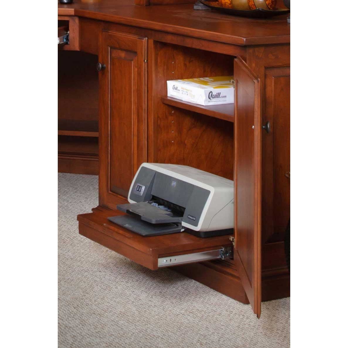 Printer cabinet door open on the office suite, showing a pull-out printer shelf and a paper storage shelf