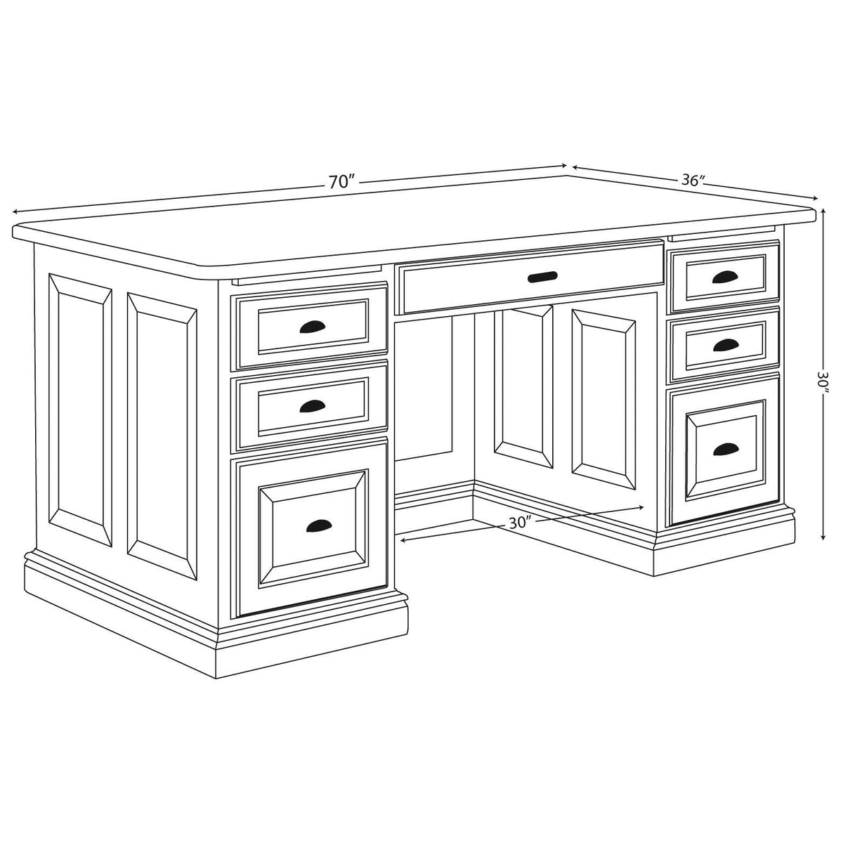 Dimension diagram of the 70 inch executive desk: 36 inches deep, 30 inches tall, 30 inch knee opening