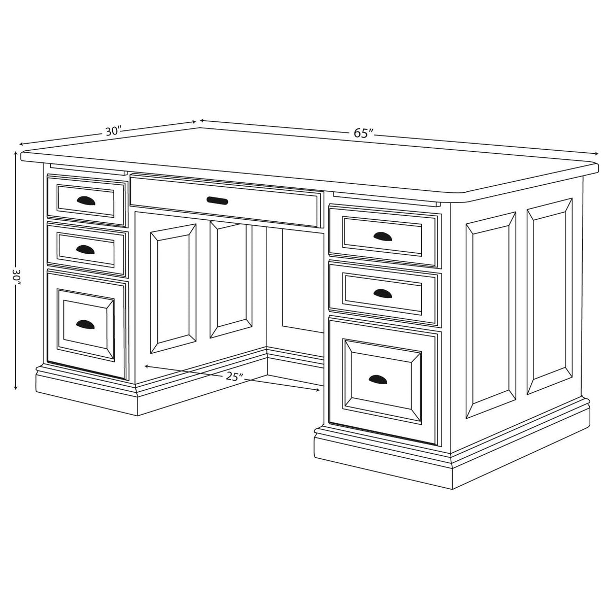 Dimension diagram of the executive desk: 65 inches wide, 30 deep, 30 tall with a 25 inch knee opening