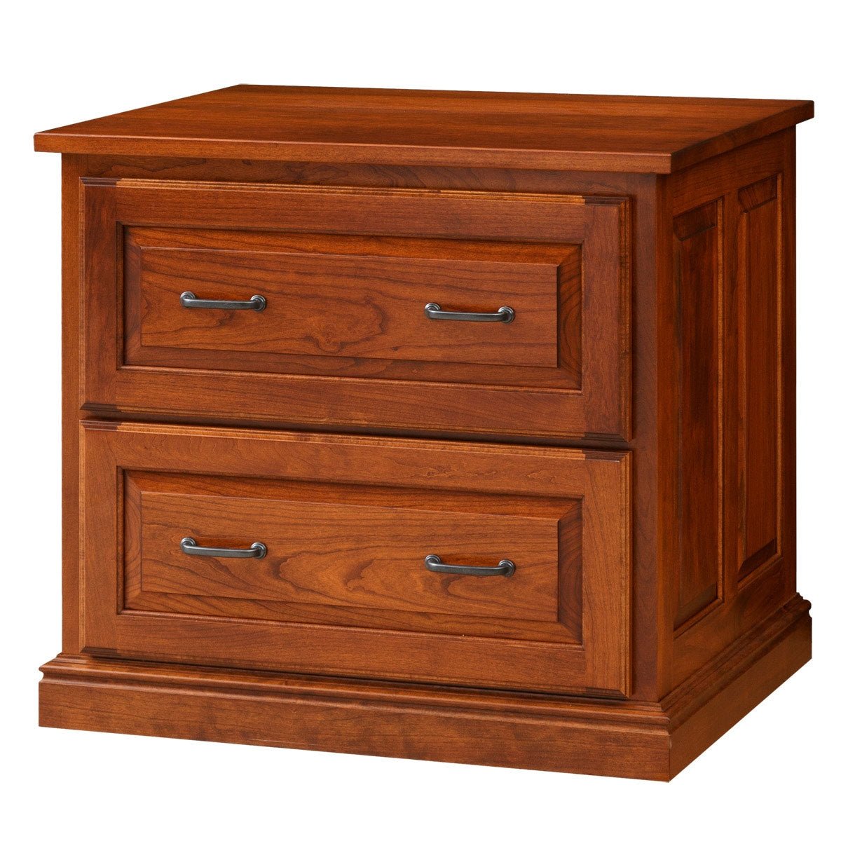 Angled view of the cherry lateral file cabinet showing paneled sides, two wide drawers and a stepped base