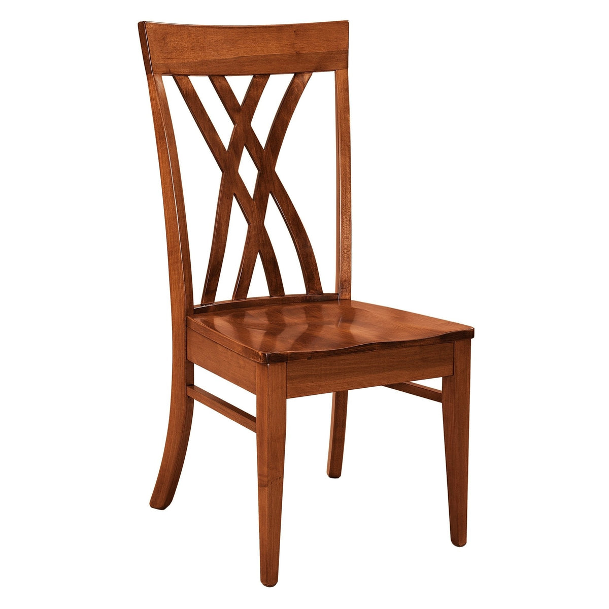 Double X back dining chair in a warm cherry finish with a solid contoured wood seat, white background