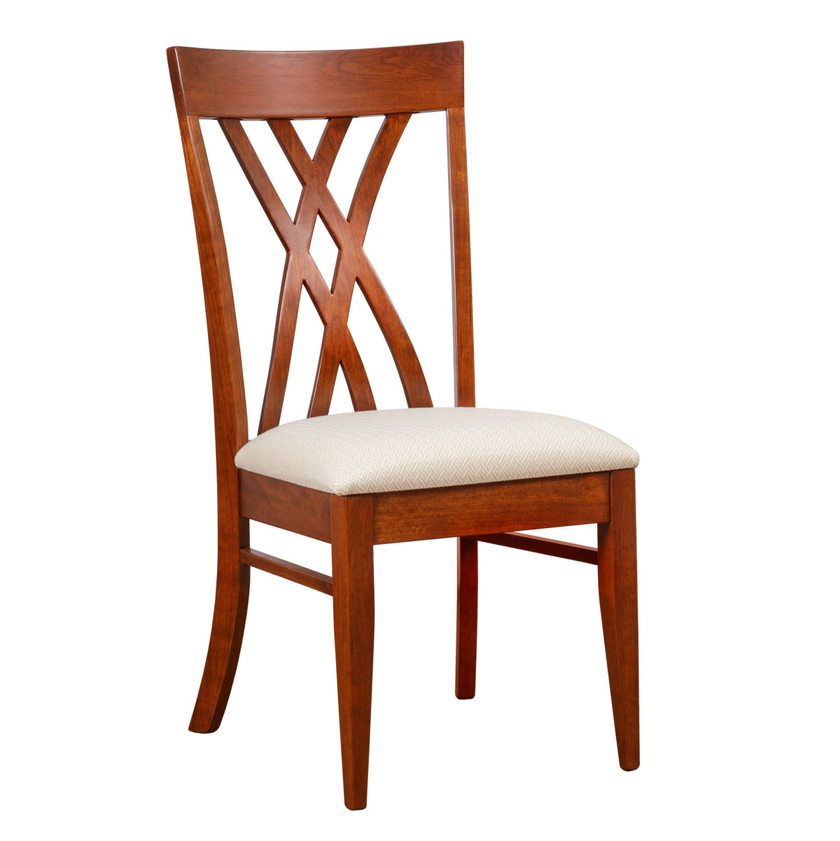 Cherry dining chair with a double X lattice back, cream fabric seat cushion and gently flared legs
