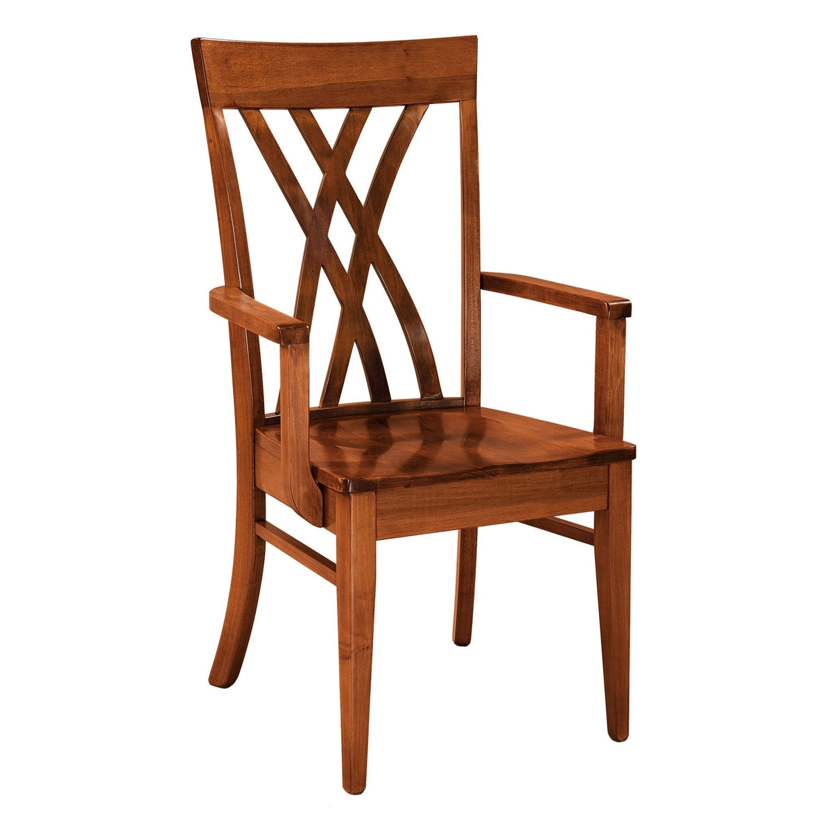 Dining arm chair with crossed X back splats, flat arms and a scooped wood seat in a cherry finish