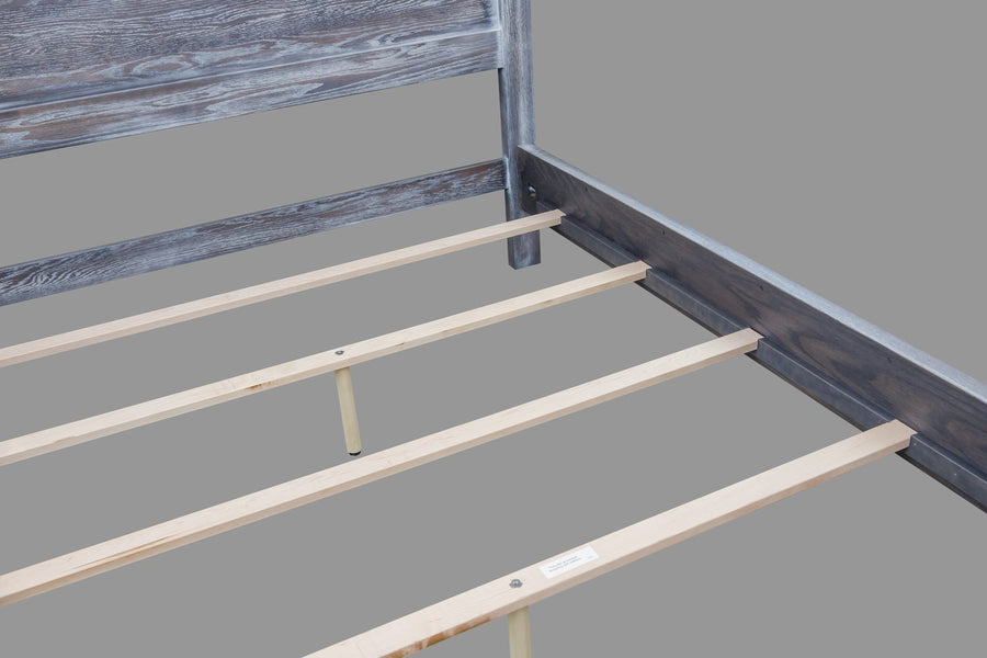 Gray oak bed frame shown with maple slat roll and center support legs installed inside the side rails