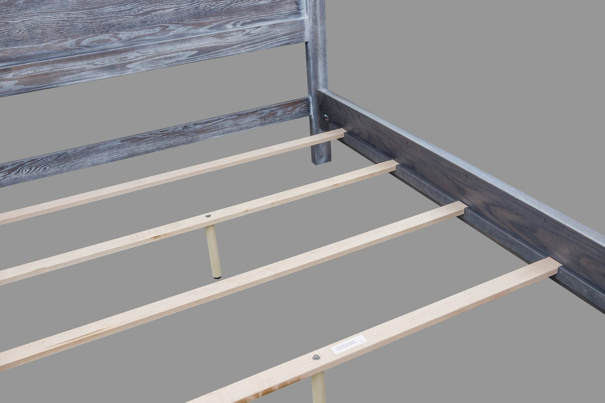Gray oak bed frame shown with maple slat roll and center support legs installed inside the side rails