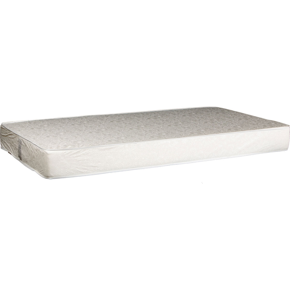 Full view of a white crib mattress with a quilted damask vinyl cover on a white background