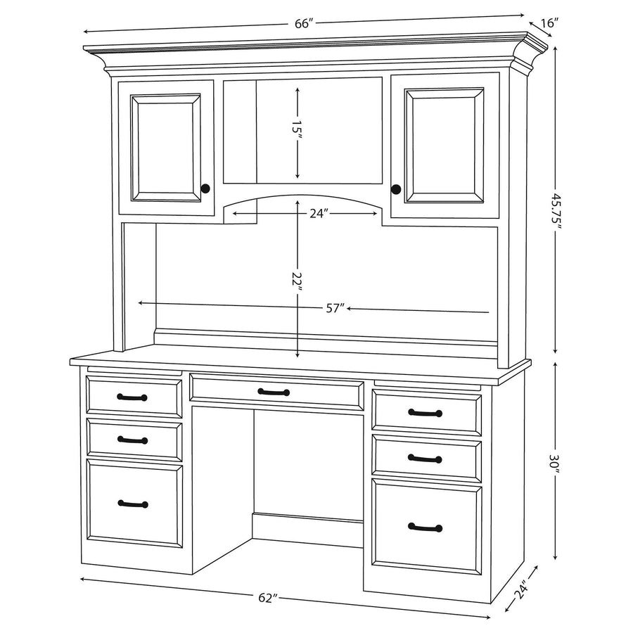 Dimension diagram of the desk and hutch: 62 inch desk, 30 inches tall, 66 inch hutch topping out at 45.75 inches