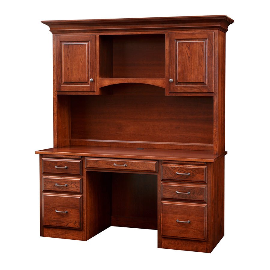 Raised panel hutch desk in cherry with two upper cabinets, arched open shelf and six drawers below