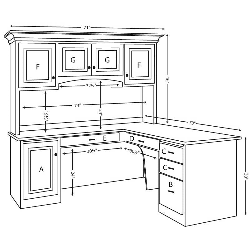 Dimension diagram of the corner L desk with hutch: 73 inch wings, 30 inch desk height, 46 inch tall hutch