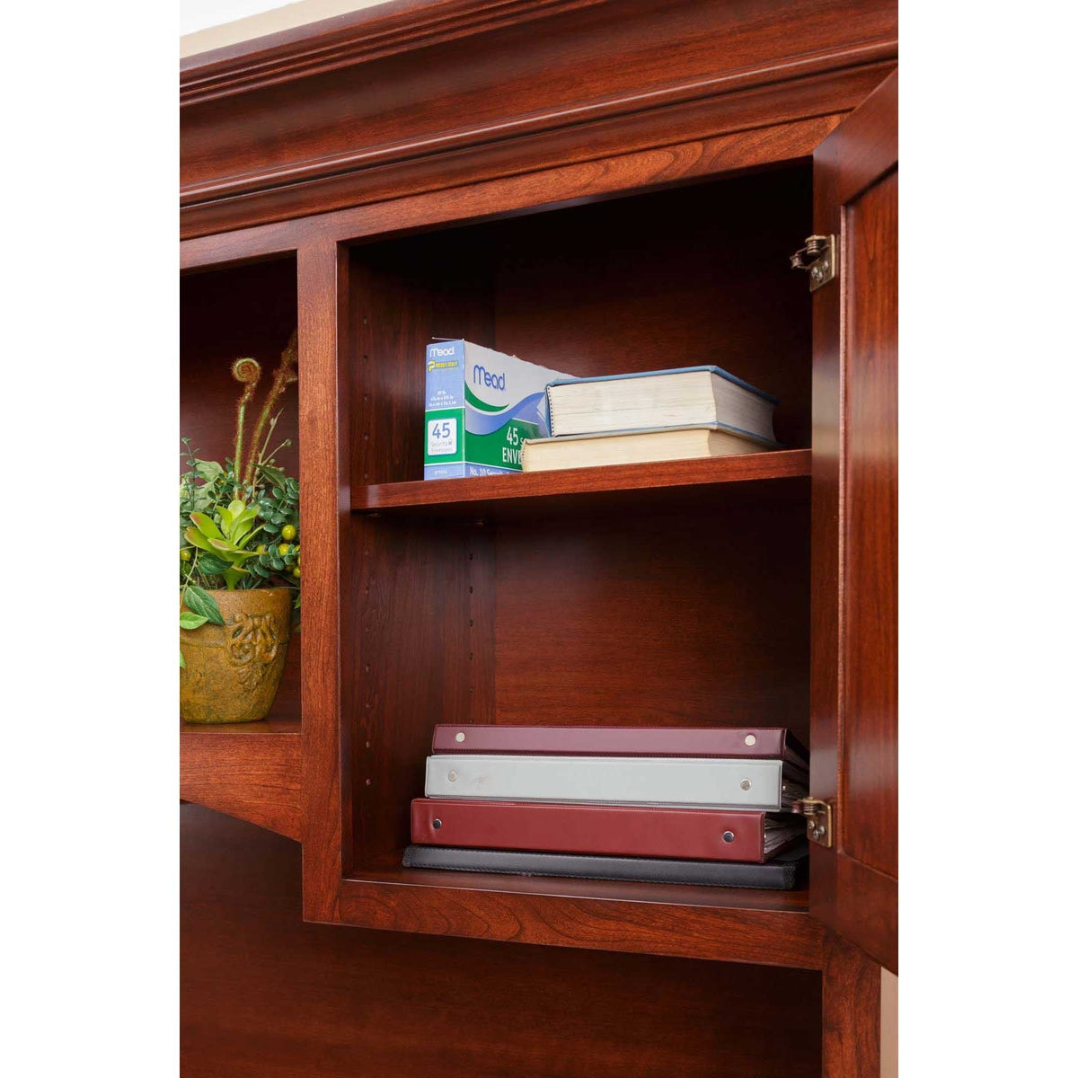 Interior of the hutch cabinet in cherry with an adjustable shelf, stacked binders and a potted plant nearby