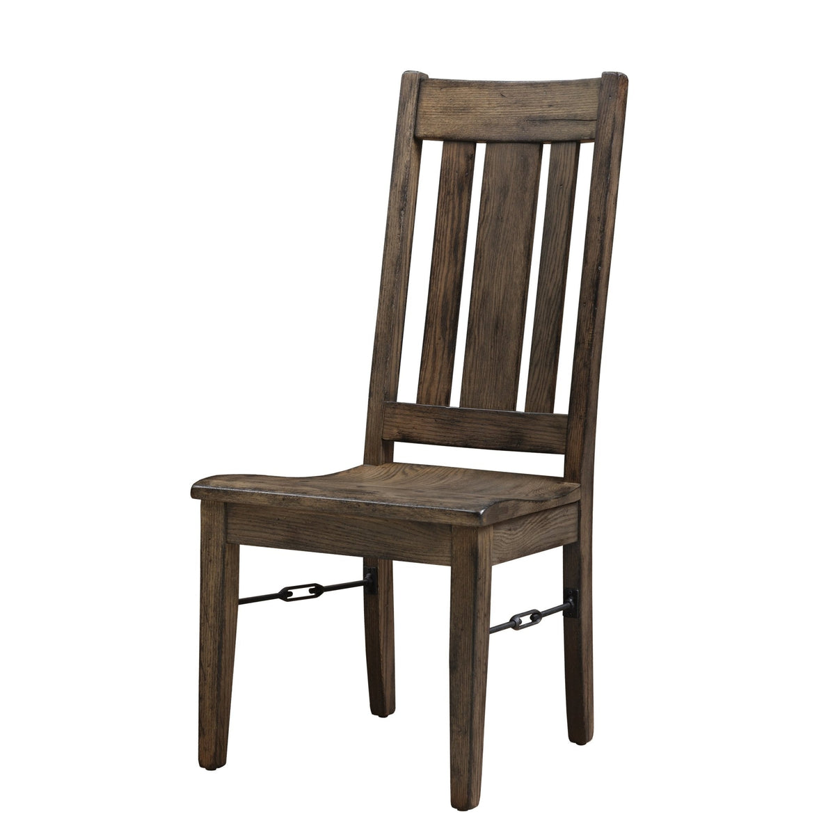 Weathered oak dining side chair with tall slat back, scooped seat and black iron chain-link stretchers