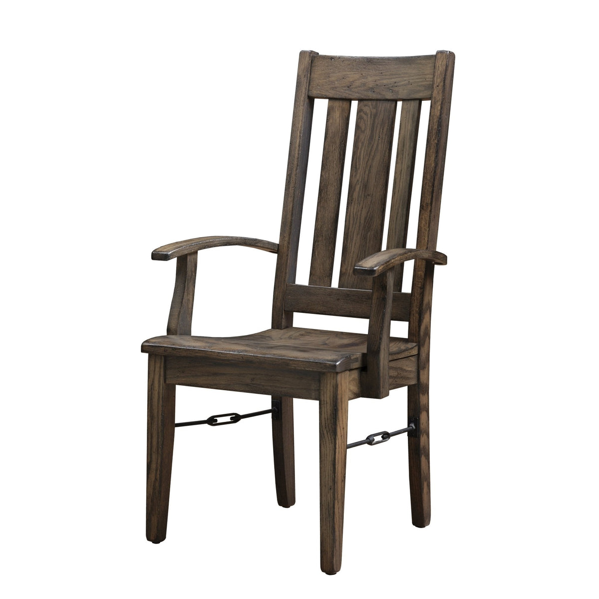 Rustic oak dining arm chair in a weathered gray finish with slat back, curved arms and iron stretchers