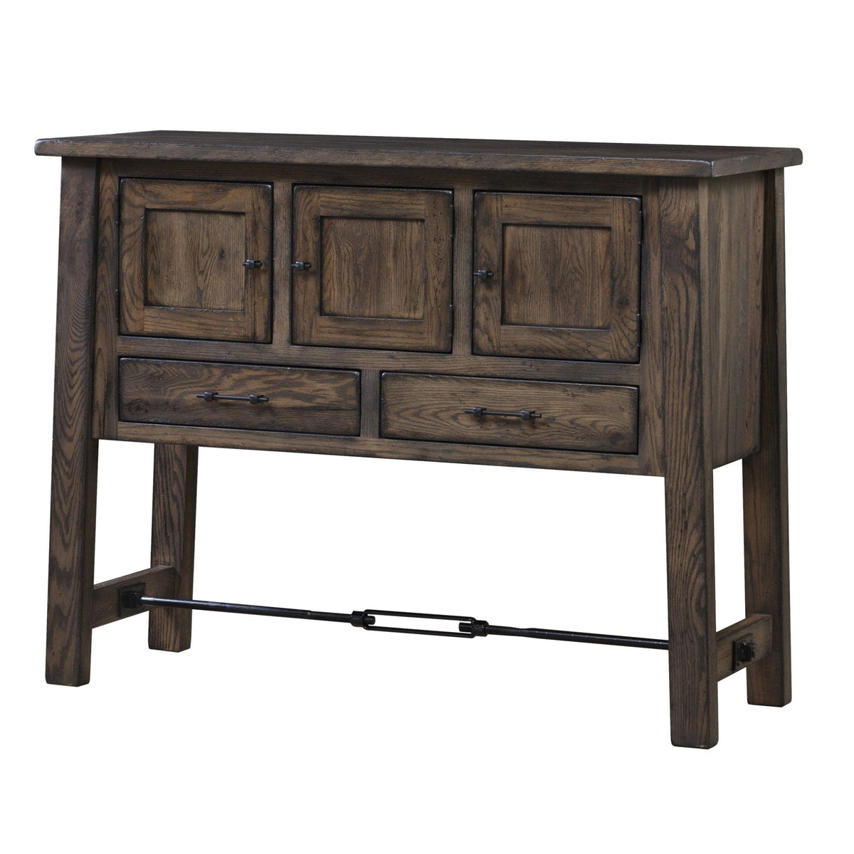Rustic gray sideboard buffet with three doors, two drawers, black hardware and an iron turnbuckle rod