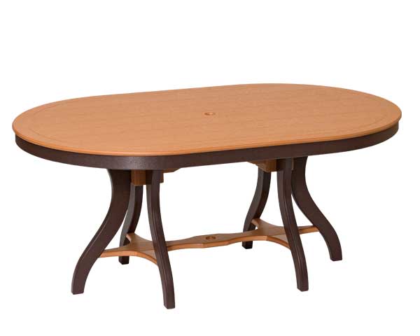 Oval poly patio table with cedar top, umbrella hole and flared brown legs joined by a curved stretcher