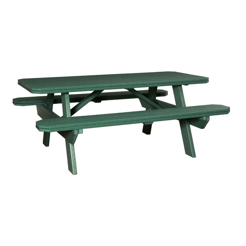 Cedar and black poly picnic table with attached benches on a flagstone patio in an autumn wood
