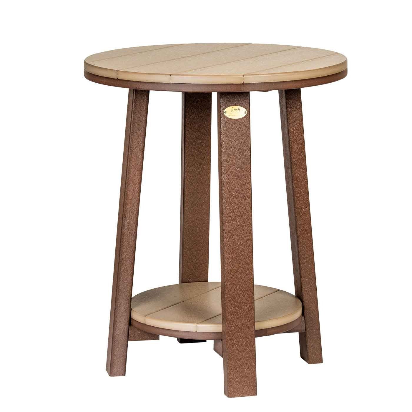 Tan and brown poly bistro counter table with a round top, angled legs and lower round shelf