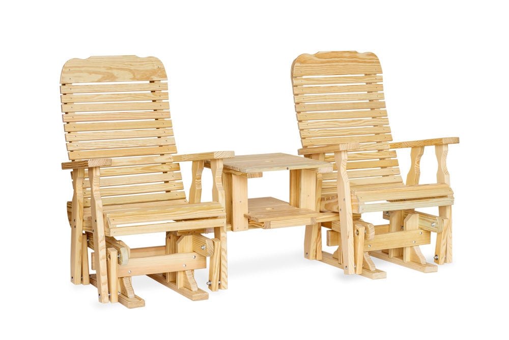 Two natural pine Easy glider chairs joined by a shared table with lower shelf, forming a settee, on white