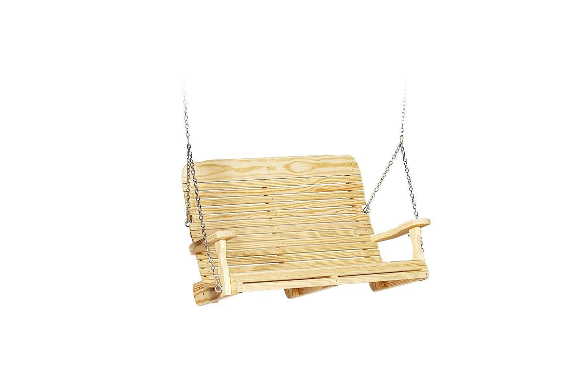 Unfinished pine Easy porch swing with rolled slat back and seat hanging from metal chains on a white background